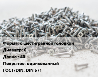 Шуруп с шестигранной головкой 6х40 оцинкованный ГОСТ: DIN 571, кг, Китай цена от 273.61 сом / кг, где купить, условия доставки в Оше и Ошской области
